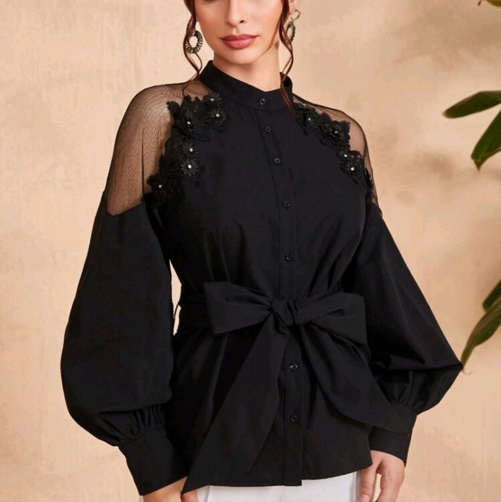 Mock Neck Pearl Beaded Appliques Belted Contrast Mesh Blouse - Picture 4 of 4